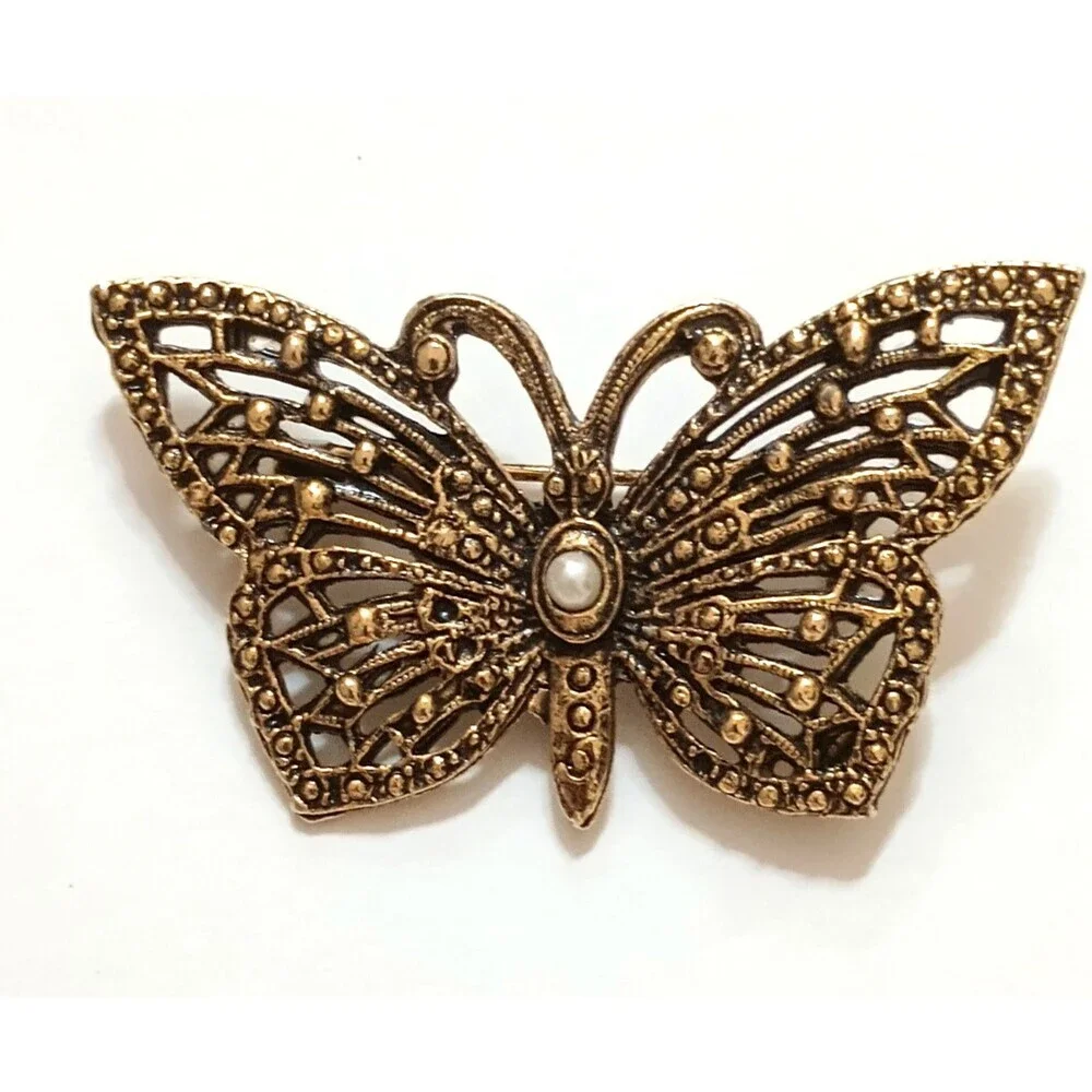 Vintage Antiqued Gold Tone Butterfly Brooch Faux Pearl Openwork Filigree Pin